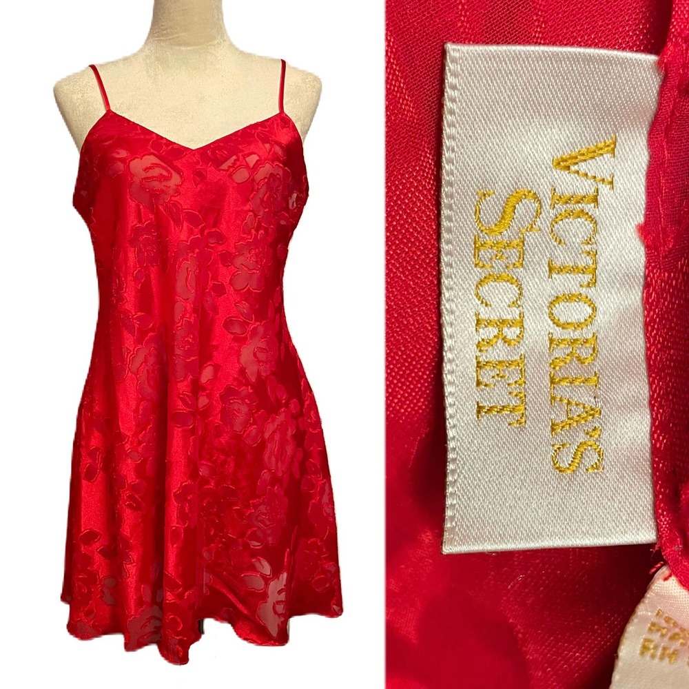 Vintage 80s Victoria’s Secret Gold Label Red Floral Burnout Slip Dress